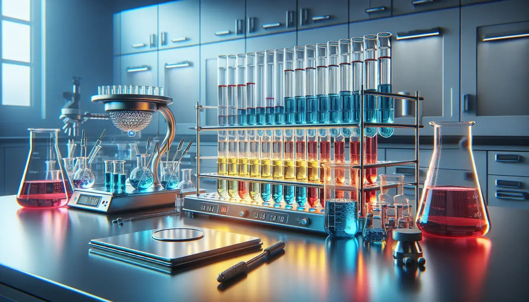 Laboratorio scientifico con provette contenenti liquidi colorati, bilancia analitica, becher, agitatore magnetico e Bunsen acceso.