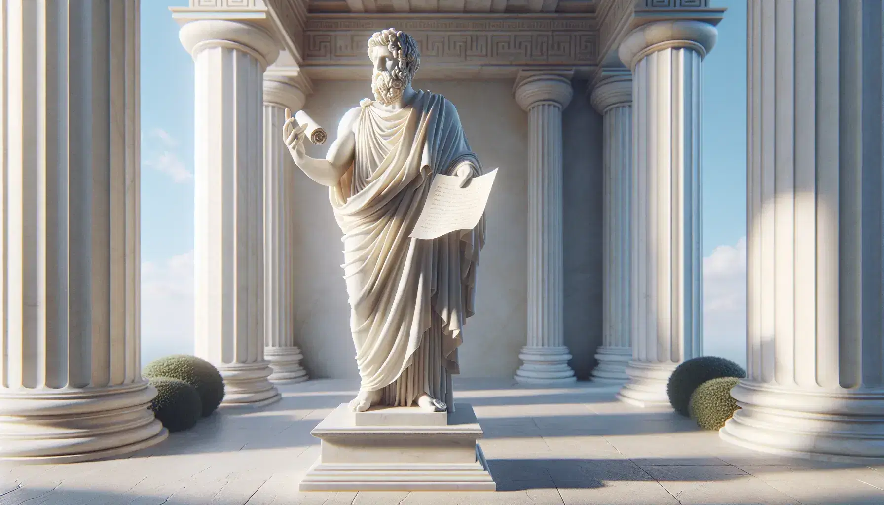 Estatua de mármol blanco de poeta griego antiguo con túnica y papiro en mano, entre columnas clásicas bajo cielo azul.
