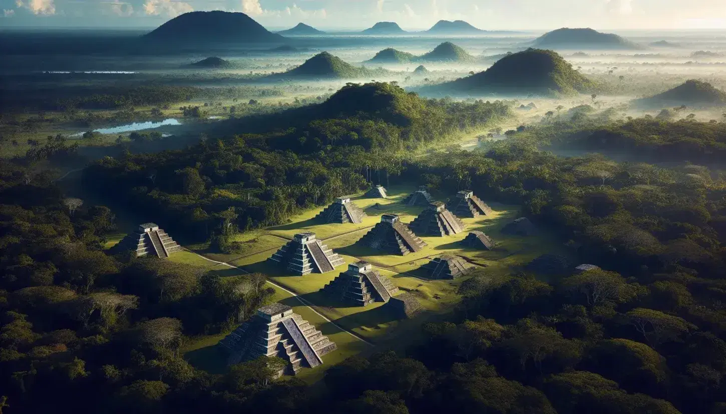 Vista aérea de antiguas pirámides mesoamericanas con escalinatas entre una exuberante selva tropical y montañas neblinosas al fondo.