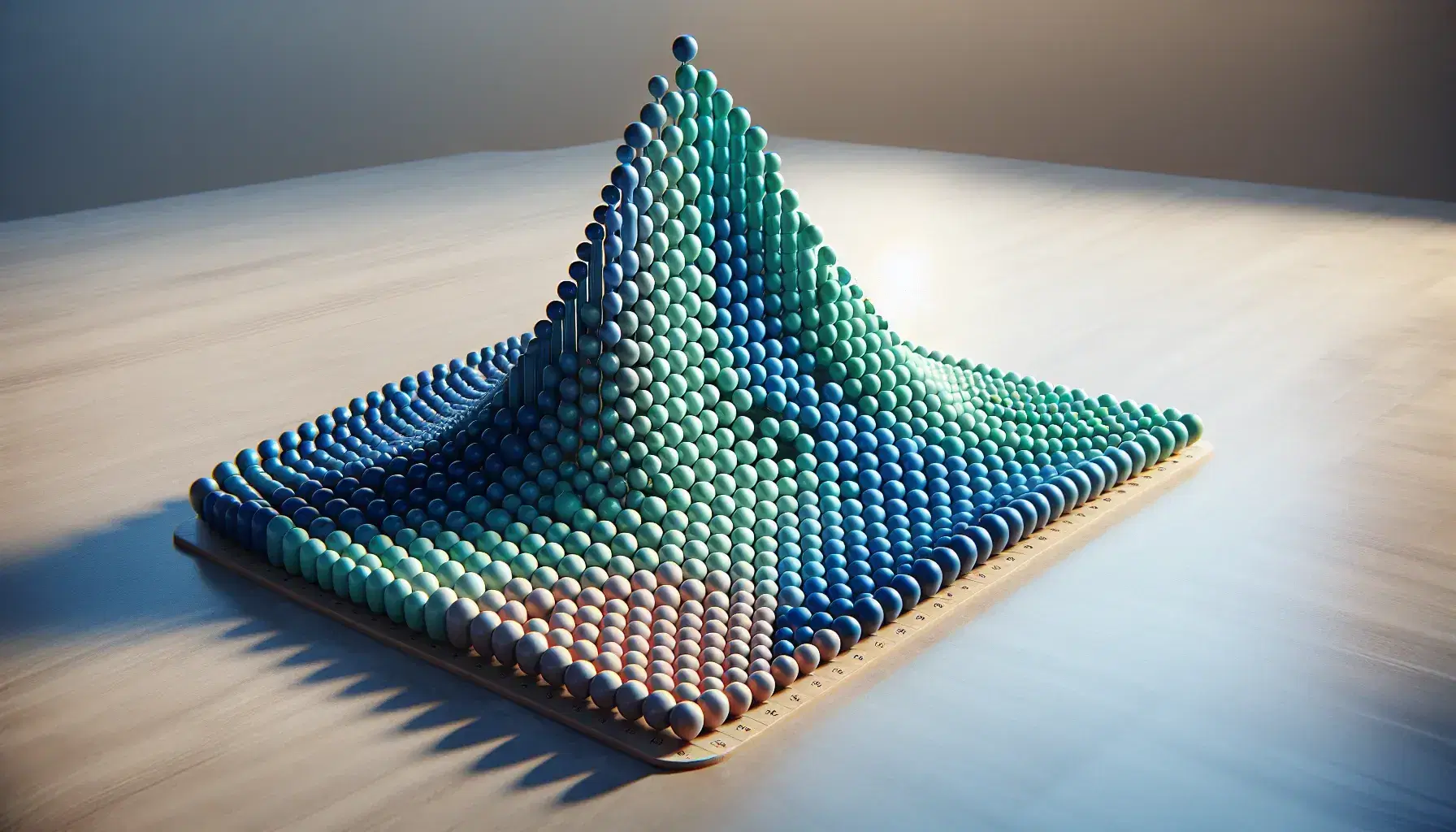 Esferas multicolores en formación de curva de distribución normal sobre superficie plana, con esferas azules en el centro y verdes en los extremos, reflejando luz suave.