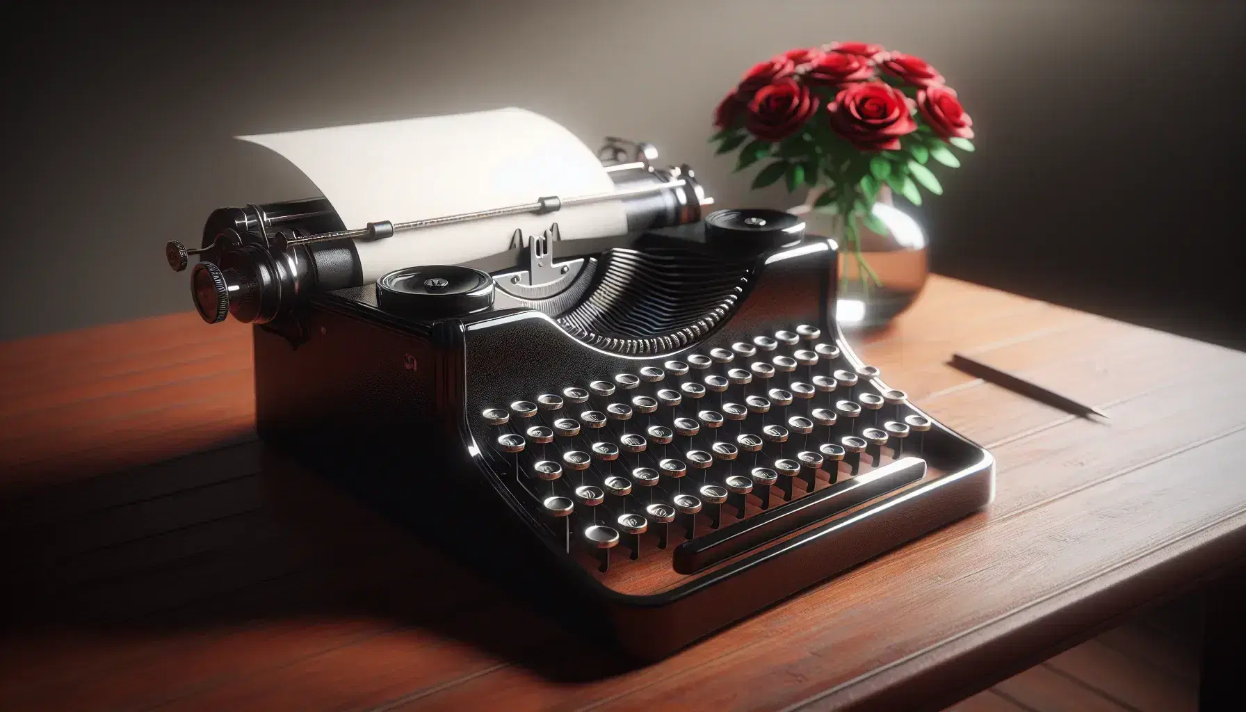 Vintage black typewriter on a mahogany desk with a glass vase of red roses, evoking a nostalgic writing ambiance in a softly lit setting.