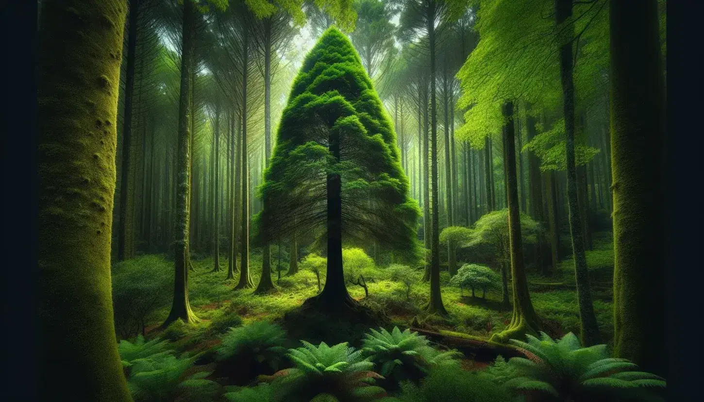 Majestic tall tree with conical foliage stands out in a dense, verdant forest, sunlight dappling the fern-covered floor.