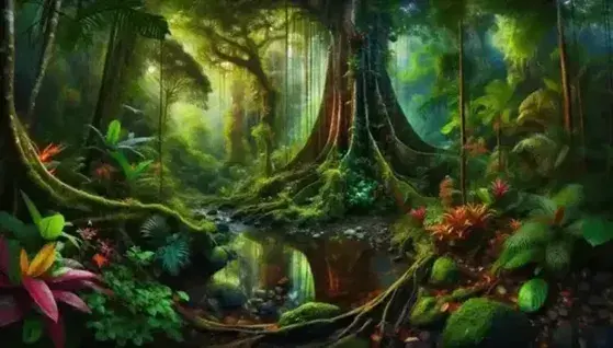 Foresta pluviale con albero maestoso, ruscello, parrocchetto colorato, farfalla iridescente e indigeno in abiti tradizionali.