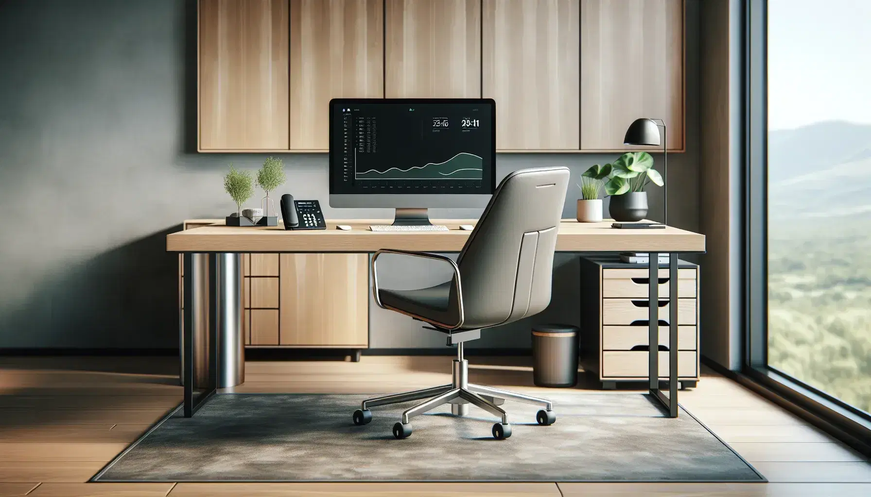 Oficina espaciosa y luminosa con mesa de madera, silla ergonómica gris, planta verde y elementos organizados, sin desorden visible.