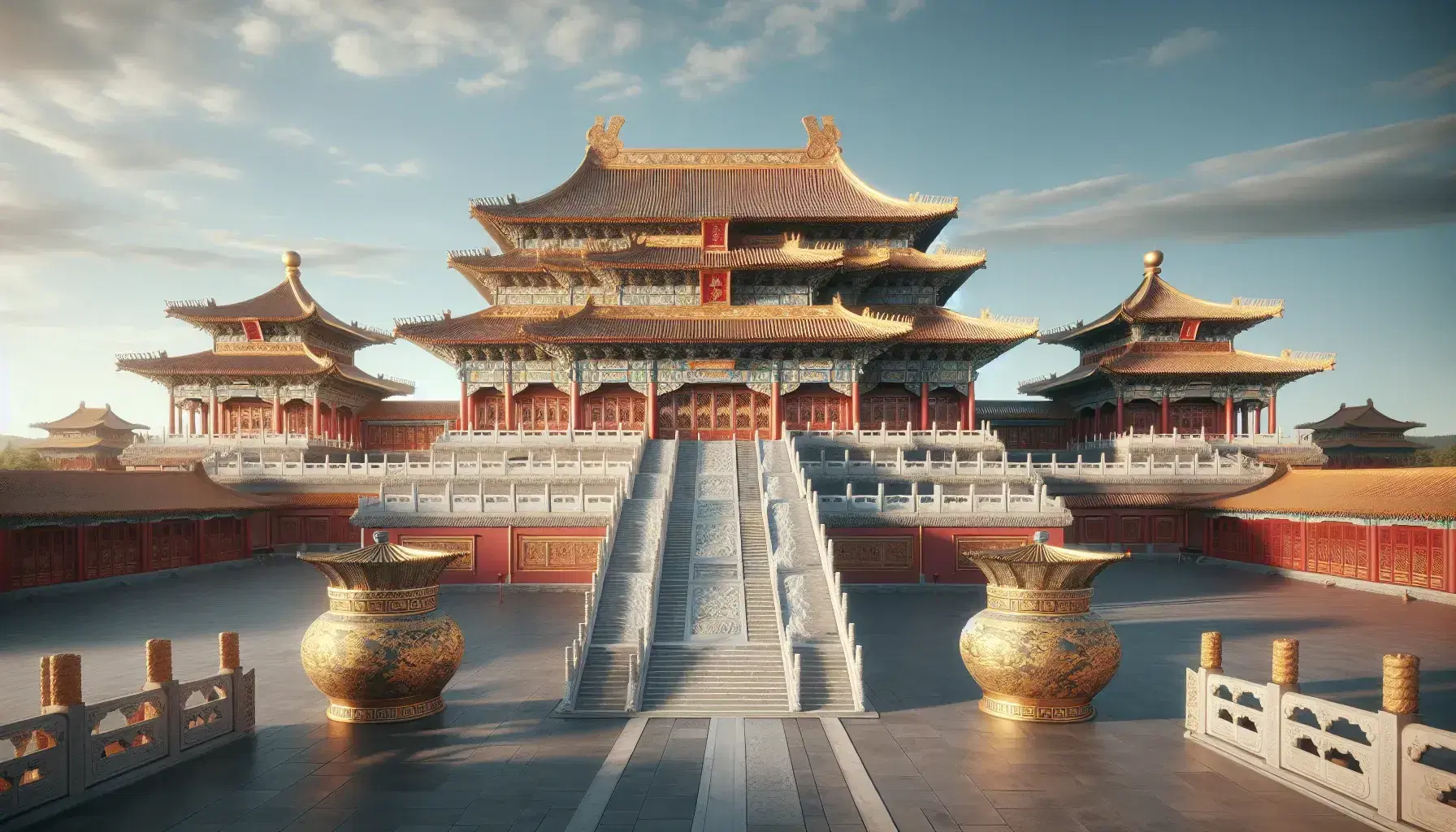 Ming Dynasty-era Chinese imperial palace with golden filigree, red beams, imperial yellow tiles, and a serene courtyard with a reflective pond and pine trees.