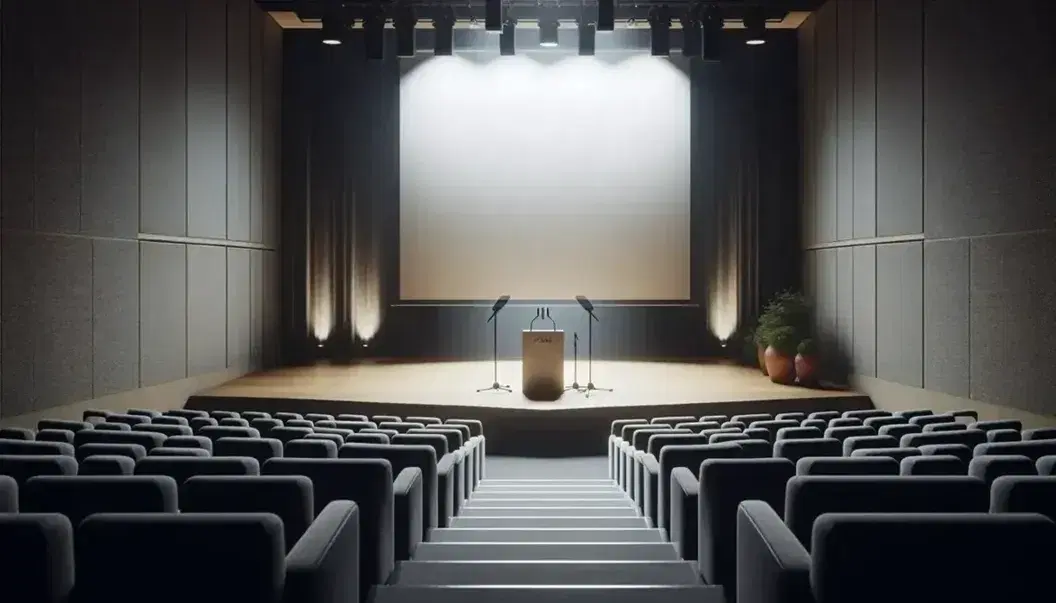 Auditorio vacío con asientos curvos acolchados frente a un escenario iluminado, podio de madera y pantalla blanca, planta verde al lado.