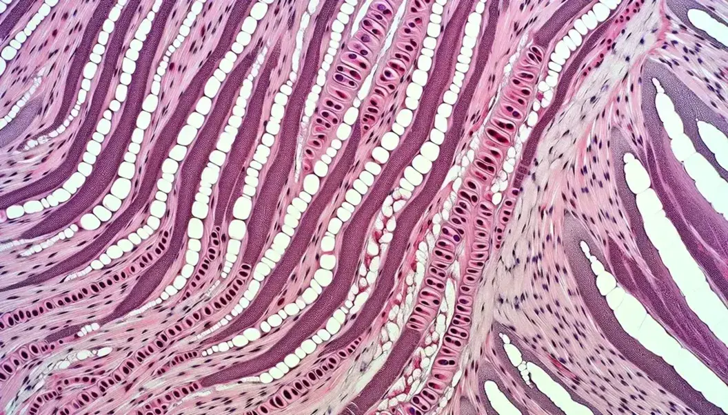 Vista microscópica de tejido cardíaco con miocitos en bandas onduladas y discos intercalados, destacando la estructura interna y las fibras musculares.