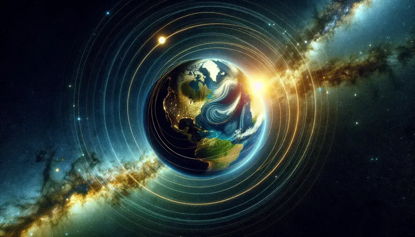 Vista artistica della Terra dallo spazio con continenti verdi e marroni, oceani blu, illuminata dal Sole su sfondo stellato con Via Lattea.