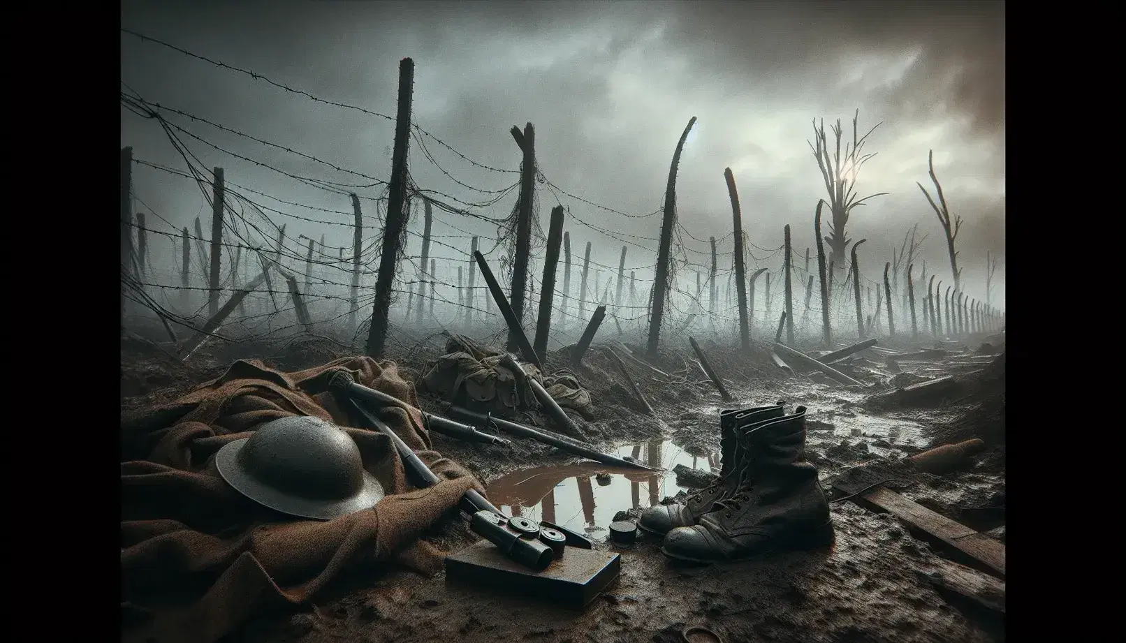 Campo di battaglia della Prima Guerra Mondiale con filo spinato, casco militare ammaccato, baionetta arrugginita e stivali abbandonati su terreno craterizzato.