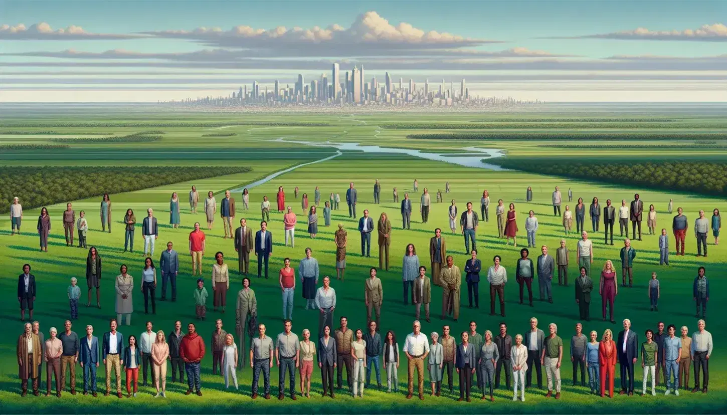 Grupo diverso de personas de pie en un paisaje verde con colinas, vegetación y un río, con silueta de ciudad al fondo bajo un cielo azul.