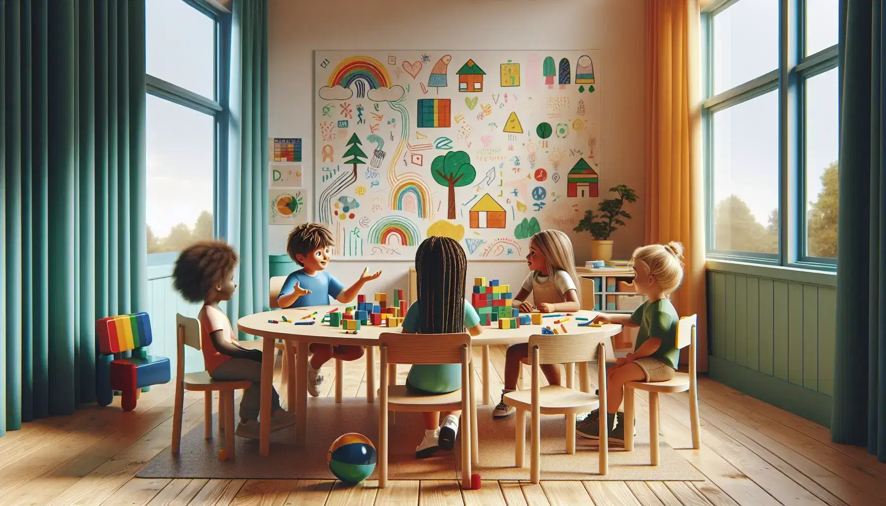 Niños de diversas etnias interactuando en aula escolar con mesa redonda, sillas y bloques de construcción coloridos, bajo luz natural.
