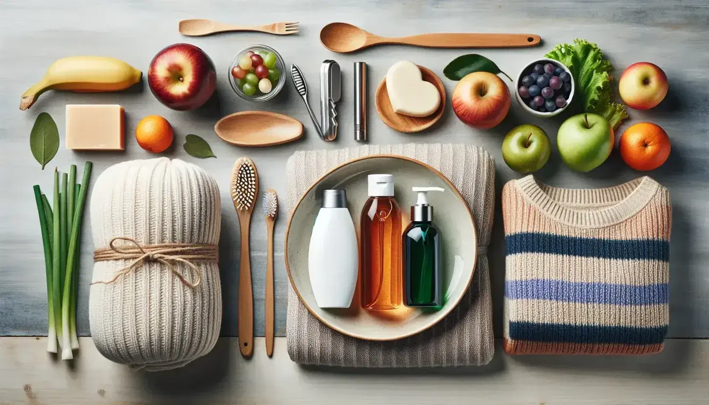 Mesa de madera con artículos de higiene personal, alimentos frescos, utensilios de cocina y suéter, con ventana al fondo.