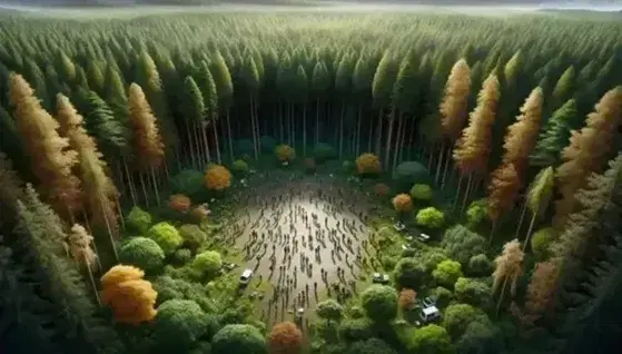 Vista aérea de un bosque frondoso con personas usando tecnología en un claro, rodeadas de árboles con follaje variado y cielo azul parcialmente nublado.