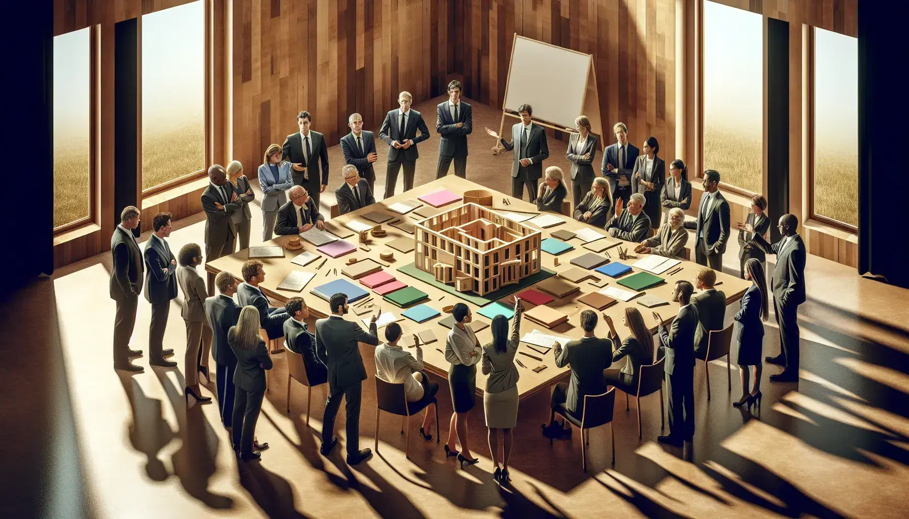 Grupo diverso de profesionales en reunión alrededor de una mesa con documentos y modelo de edificio, en una sala iluminada naturalmente.