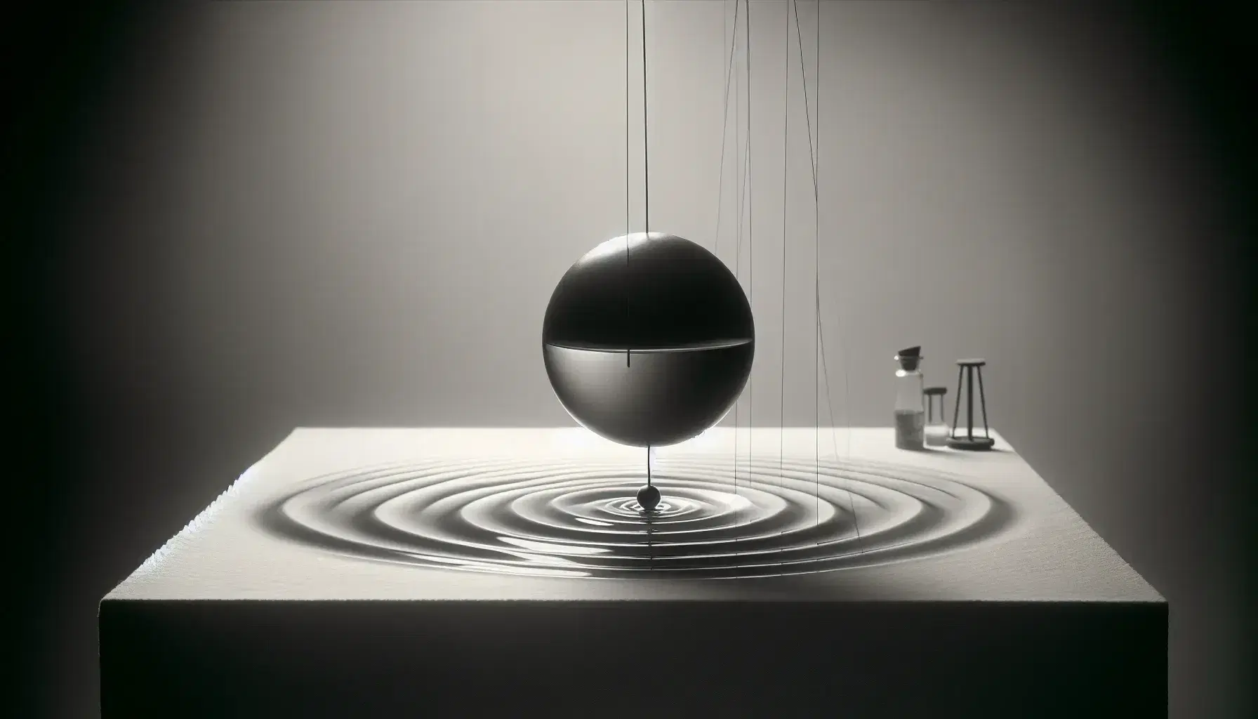 Péndulo esférico en movimiento al punto más alto de su trayectoria con esfera tocando la superficie del agua y ondas concéntricas, junto a tubo que demuestra el principio de Bernoulli.