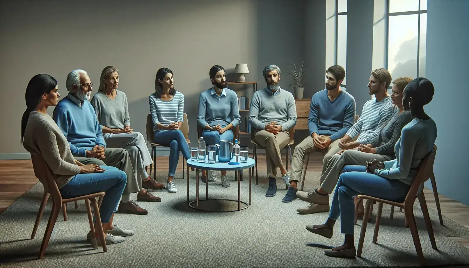 Diverse group sitting in a semi-circle in a support meeting, expressions varying from contemplative to empathetic, welcoming environment with table and water.