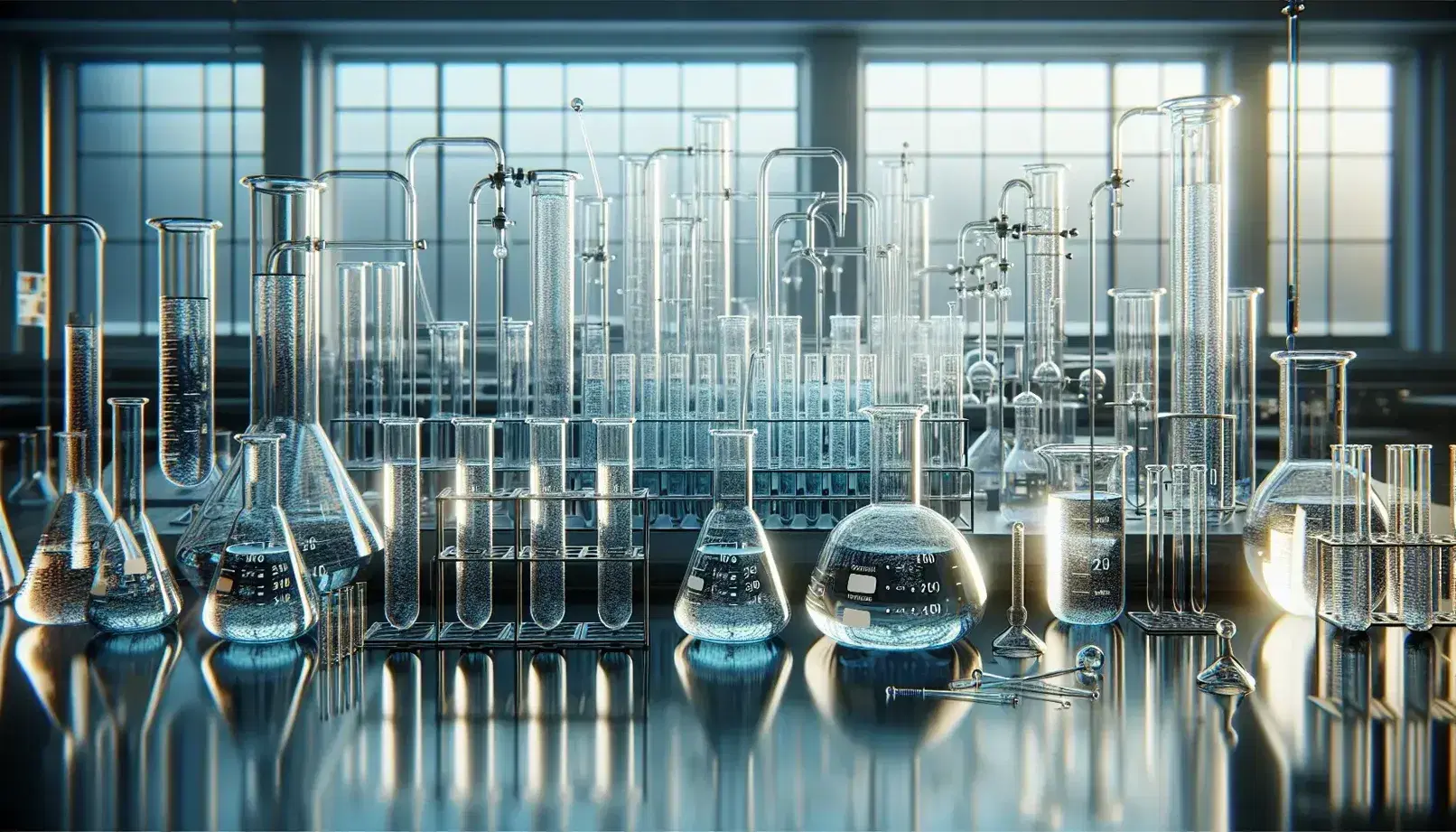Tubi di vetro trasparenti con liquidi in laboratorio, cilindri graduati, becher su fiamma blu di Bunsen, ambiente illuminato naturalmente.