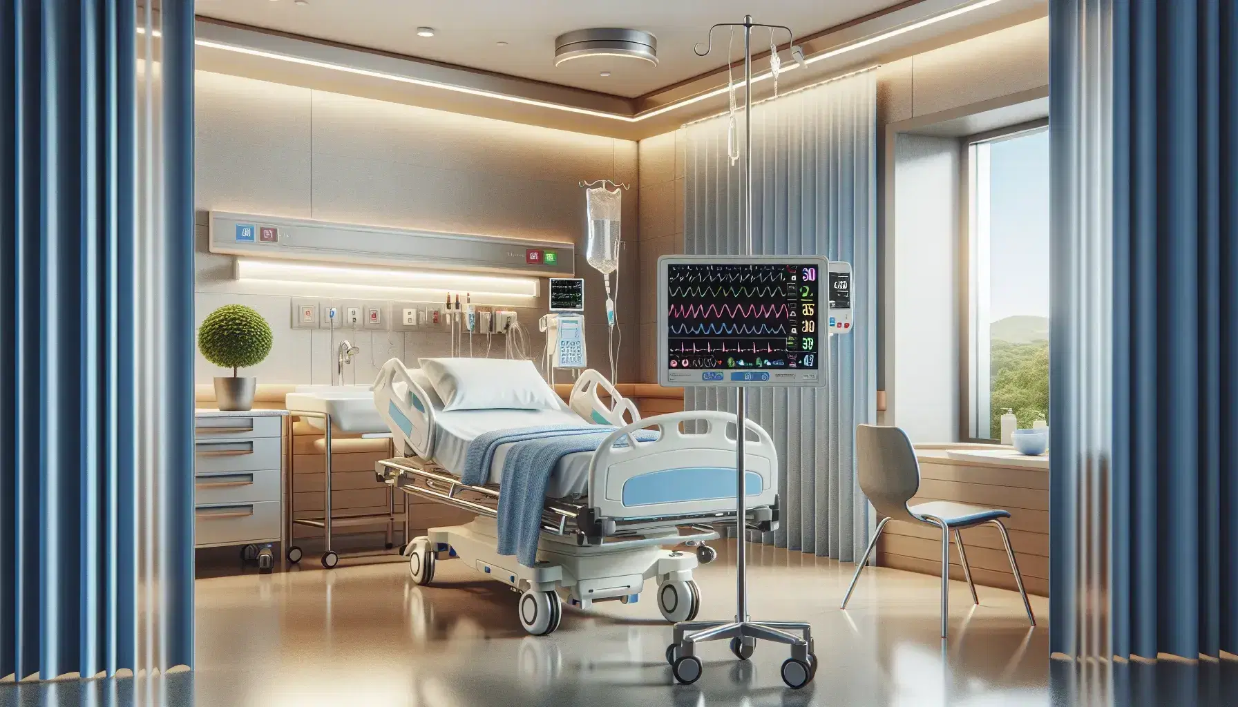 Habitación de hospital iluminada con cama, monitor de signos vitales, suero IV, silla de visitante, mesa con planta y ventana con persianas semiabiertas.