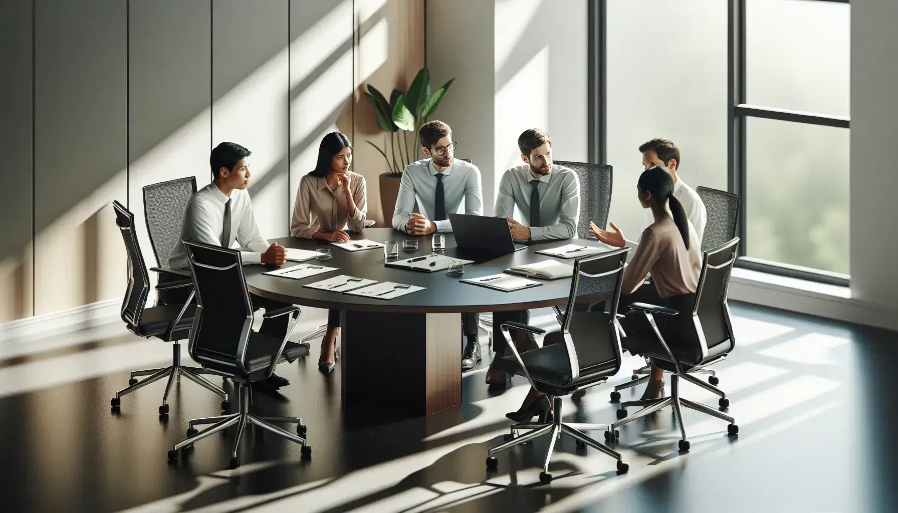 Grupo de cinco profesionales en reunión de trabajo en una sala de juntas iluminada, con laptops y papeles sobre mesa redonda, discutiendo activamente.