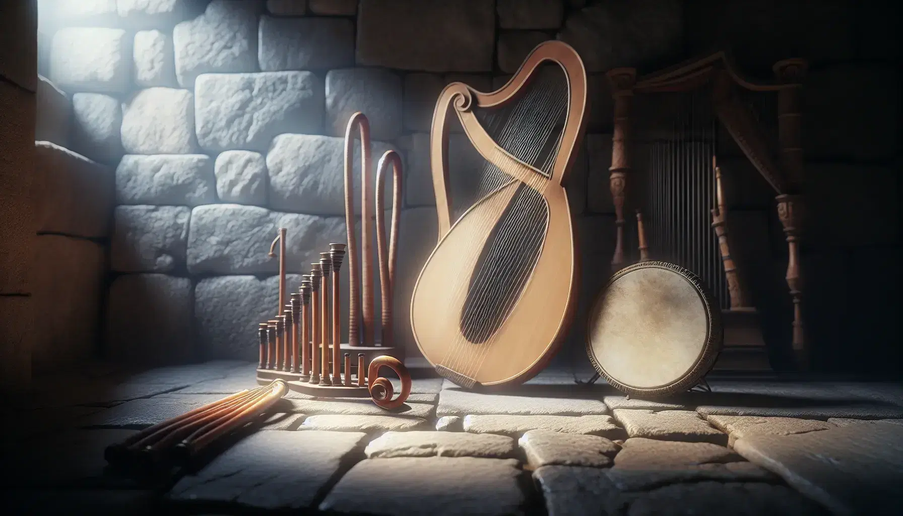 Strumenti musicali antichi su pavimento in pietra, con una lira al centro, un aulos a sinistra e un tamburello a destra, sfondo di muro di pietra.