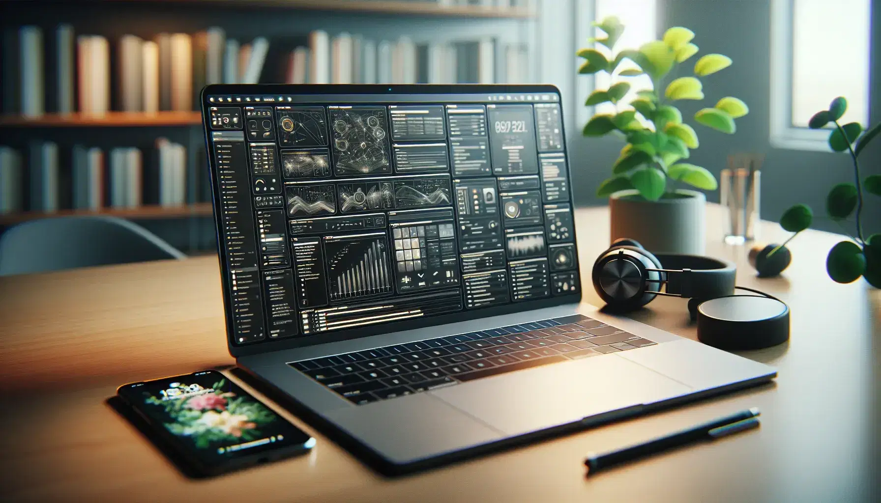 Modern silver laptop on glossy wooden desk with smartphone turned on, green plant and black headphones, blurred background with books.