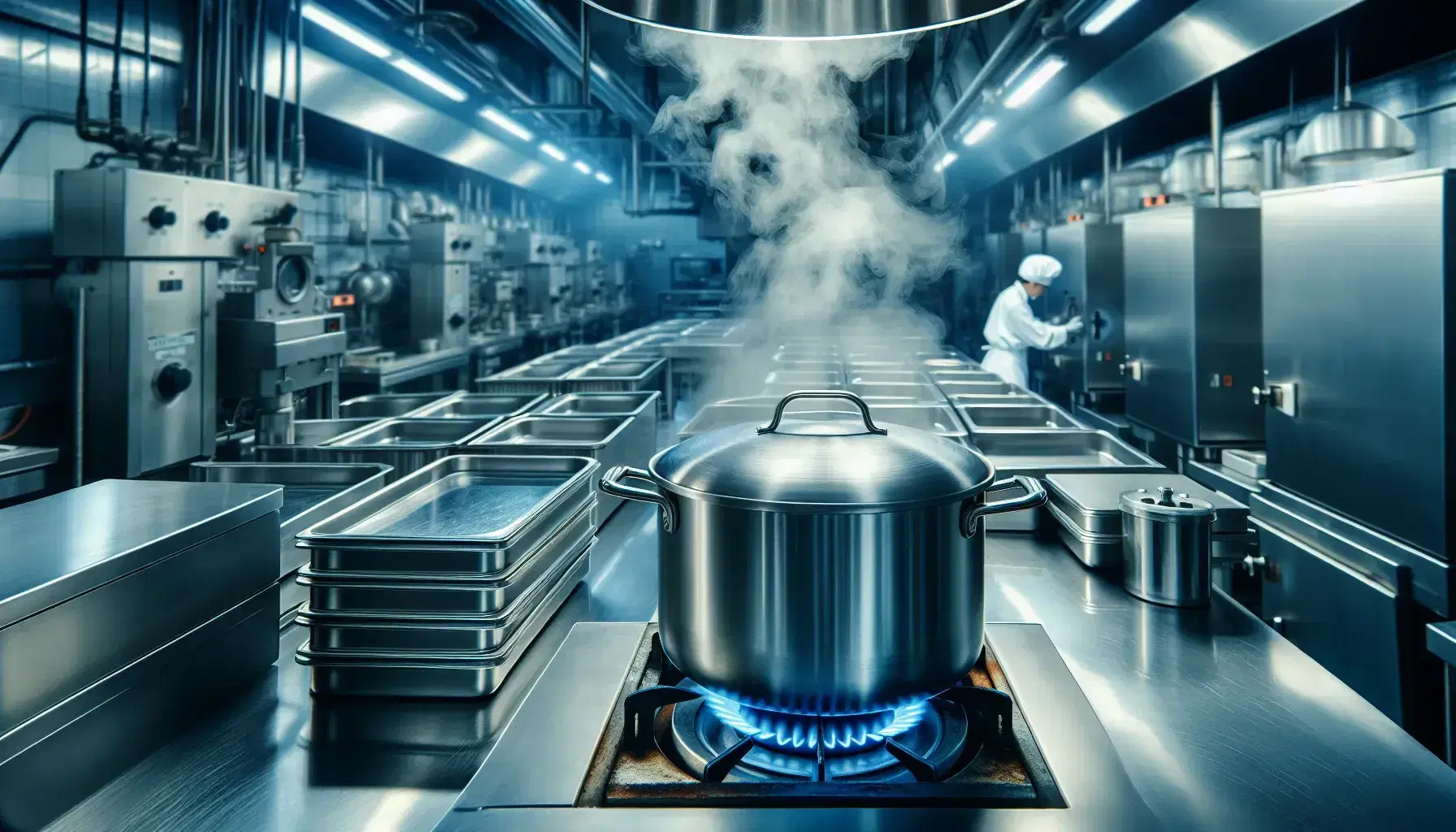 Cocina industrial con ollas de acero inoxidable sobre fogón a gas, llamas azules y chef en segundo plano.