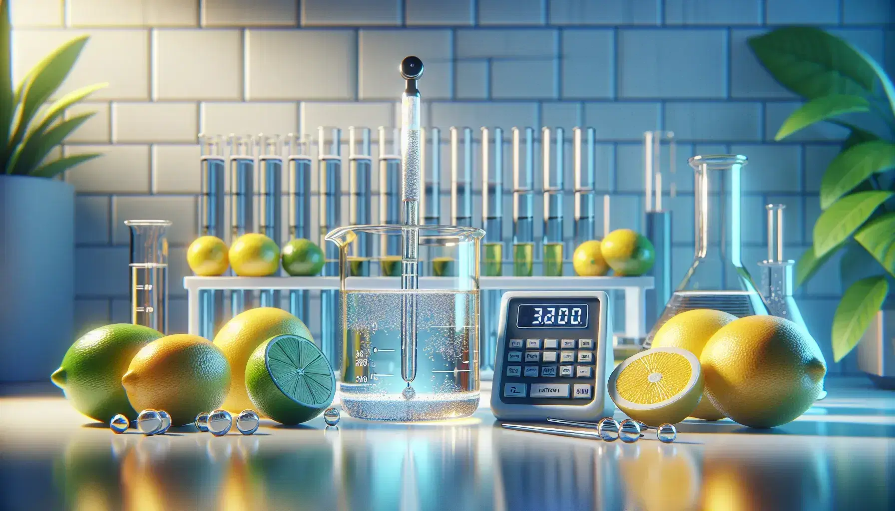 Laboratory with beaker of clear liquid, immersed pH meter, citrus fruits (lemons and limes) on the right and laboratory glassware in the background.
