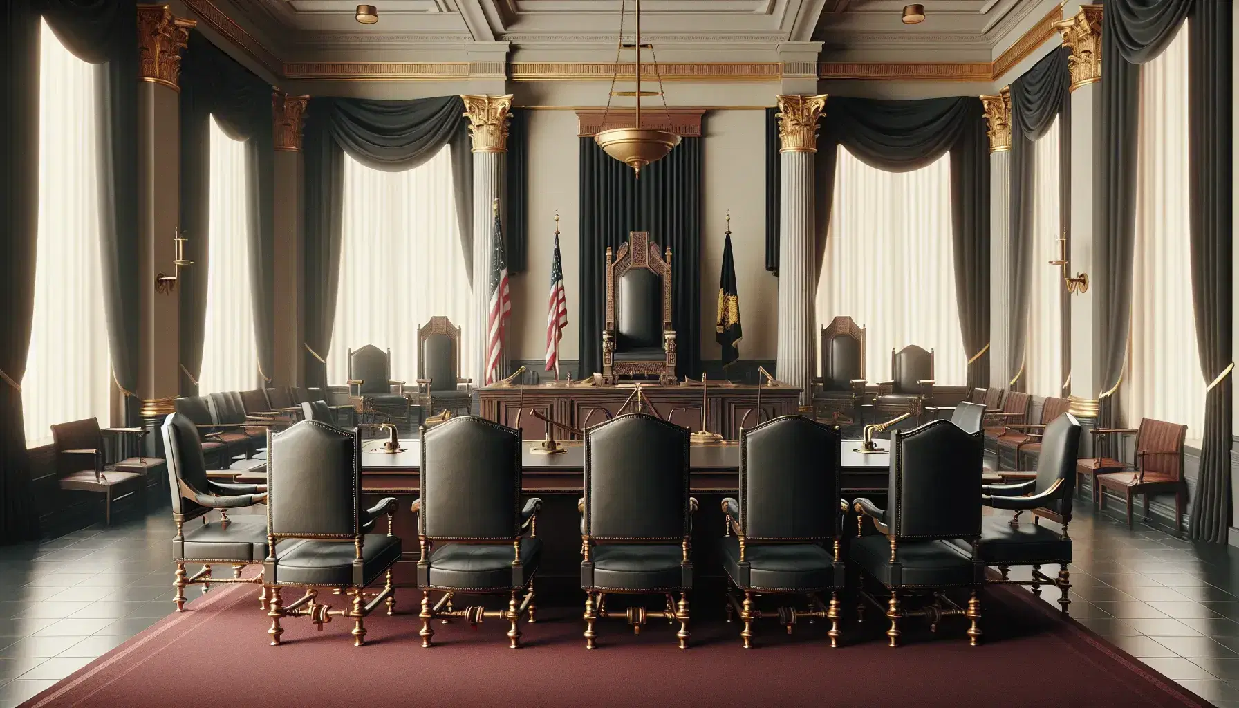 Sala de tribunal vacía con mesa rectangular de madera oscura, sillas altas de cuero negro, estrado con silla ornamentada para juez y banderas unicolores a los lados.