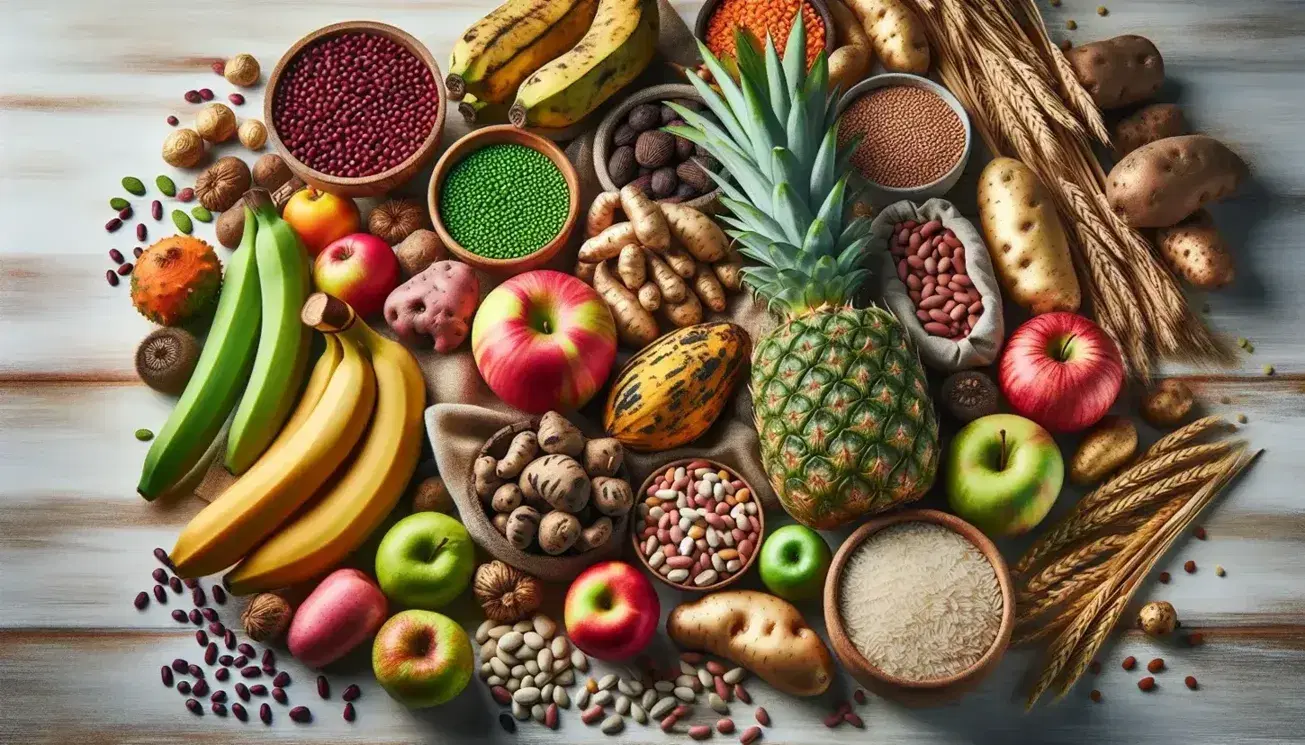Variedad de alimentos naturales con frutas como bananas, manzanas y piña, legumbres en vainas, tubérculos y granos enteros, dispuestos en una mesa de madera bajo luz natural.