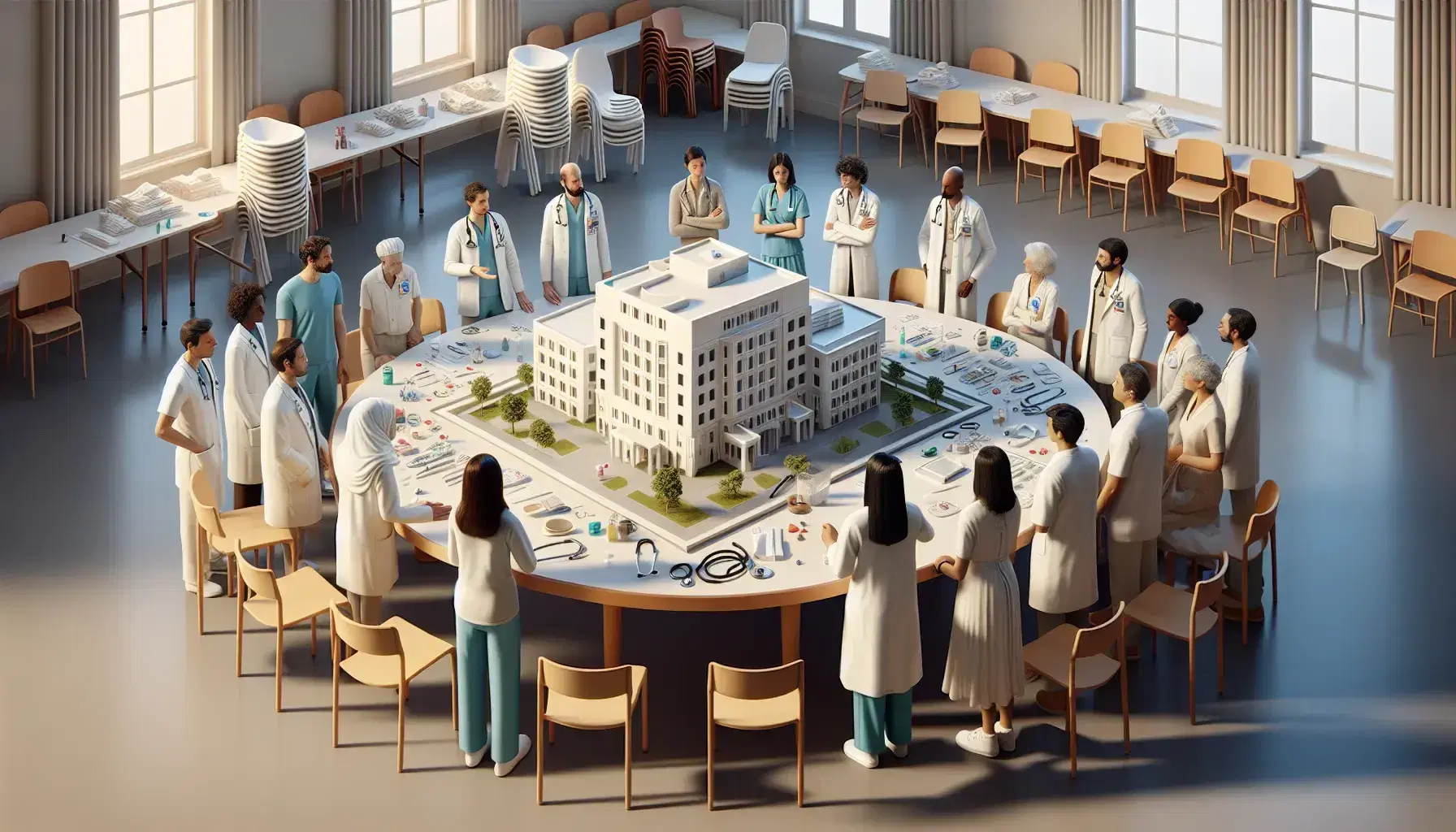 Grupo diverso de personas discutiendo un proyecto de construcción de hospital alrededor de una maqueta, con instrumentos médicos sobre la mesa en una sala iluminada.
