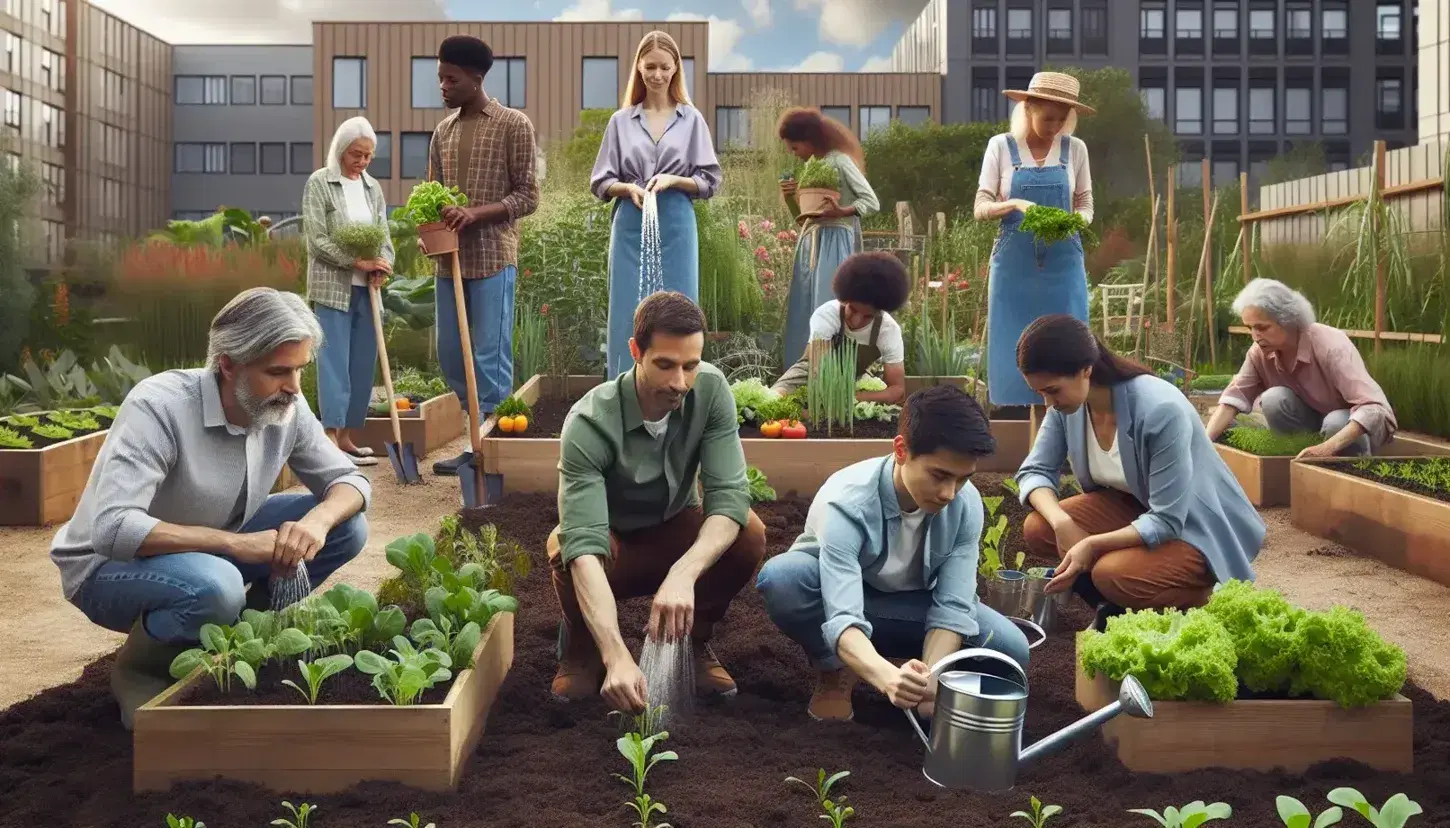 Grupo diverso trabajando en huerto urbano con hombre plantando, mujer regando y actividades de jardinería, rodeados de vegetación y edificios al fondo.