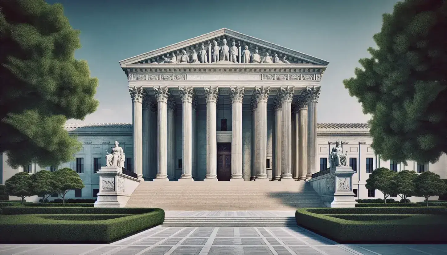 Grand judicial building with Corinthian columns, marble statues, and steps under a clear blue sky, surrounded by green hedges and mature trees.