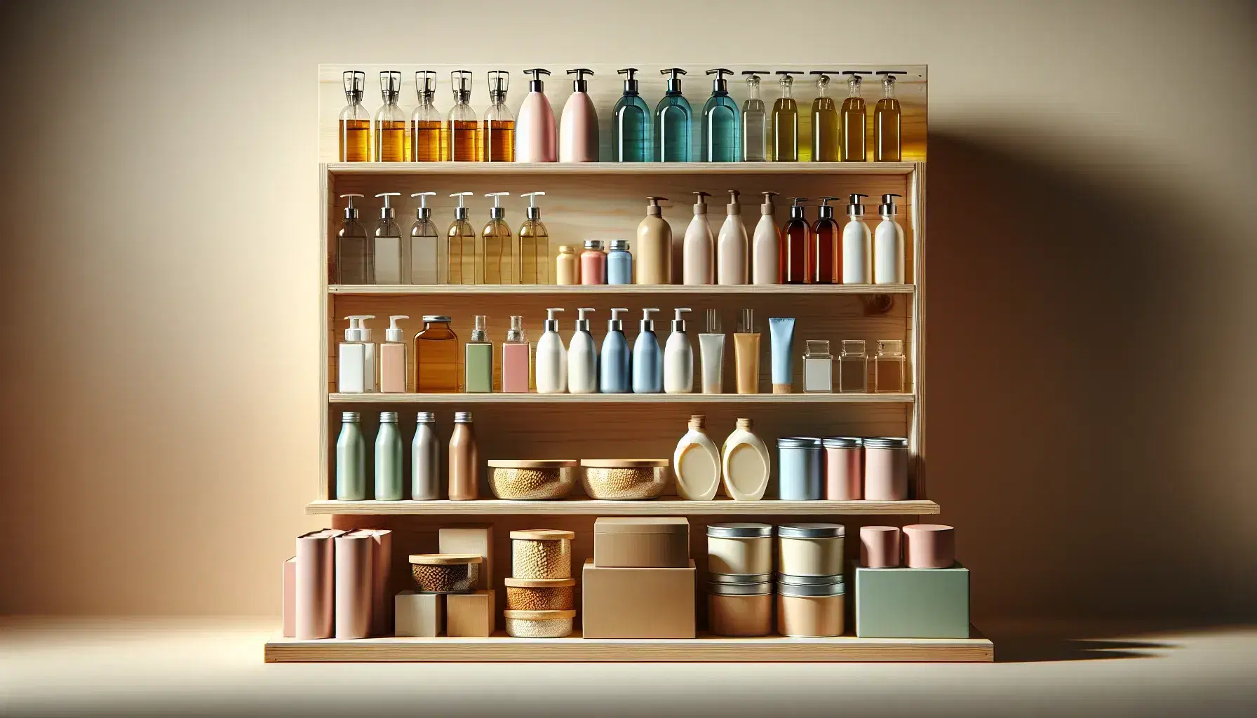 Estante de madera con productos variados en filas ordenadas, incluyendo contenedores de vidrio con líquidos coloridos, artículos de cuidado personal y alimentos envasados.
