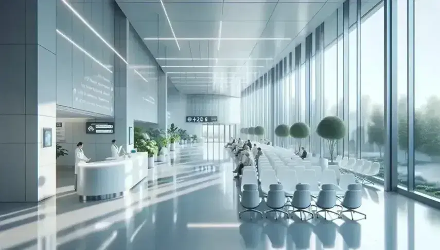 Sala d'attesa moderna e luminosa in ospedale con sedie bianche ordinate, persone sedute, finestra con vista giardino e banco accoglienza.