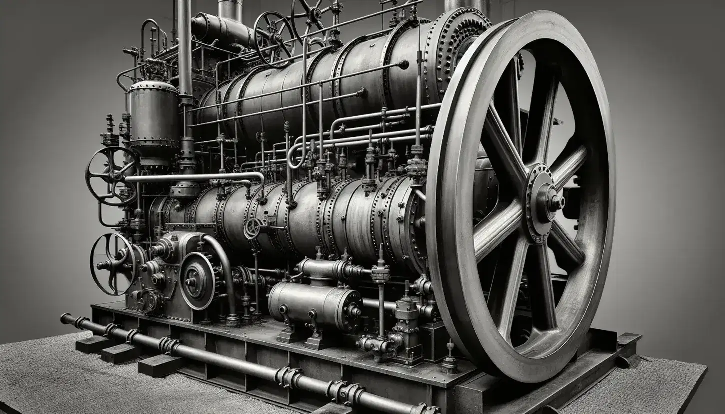Antigua locomotora de vapor de la era de la revolución industrial con cilindro central, válvulas y gran rueda metálica, en un espacio amplio con paredes de ladrillo.