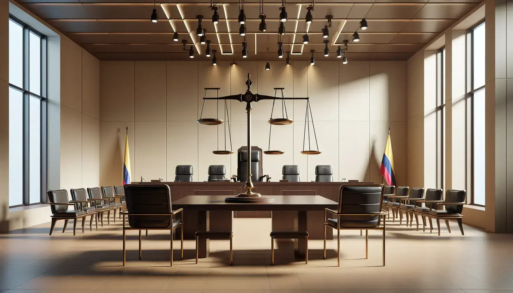 Sala de audiencias vacía con mesa central, sillas de cuero negro, silla elevada de juez y bandera de Colombia, iluminada por luces de techo y balanza de justicia en primer plano.
