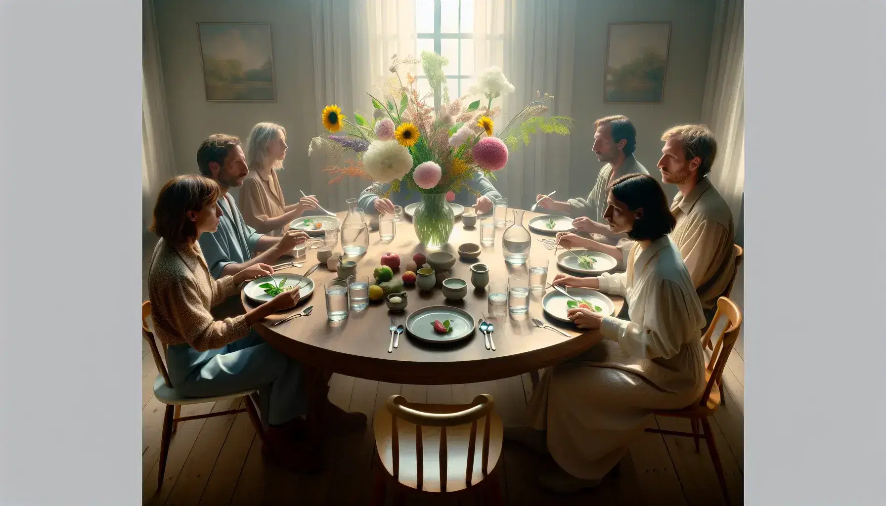 Grupo de cinco personas disfrutando de una comida alrededor de una mesa redonda con un jarrón de flores coloridas, en un ambiente iluminado por luz natural.