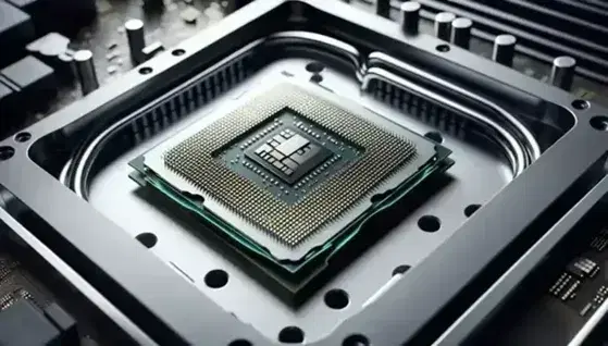 Primer plano de un CPU moderno sin disipador de calor, mostrando un cuadrado de silicio gris plateado, carcasa verde oscuro, pines dorados y parte de un sistema de enfriamiento con bloque de aluminio y ventilador negro.