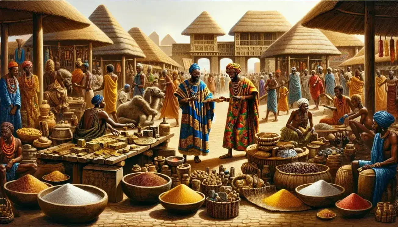 Bustling West African market scene with traders bartering over gold, salt, and grains, amid traditional Ghana Empire architecture under a clear blue sky.