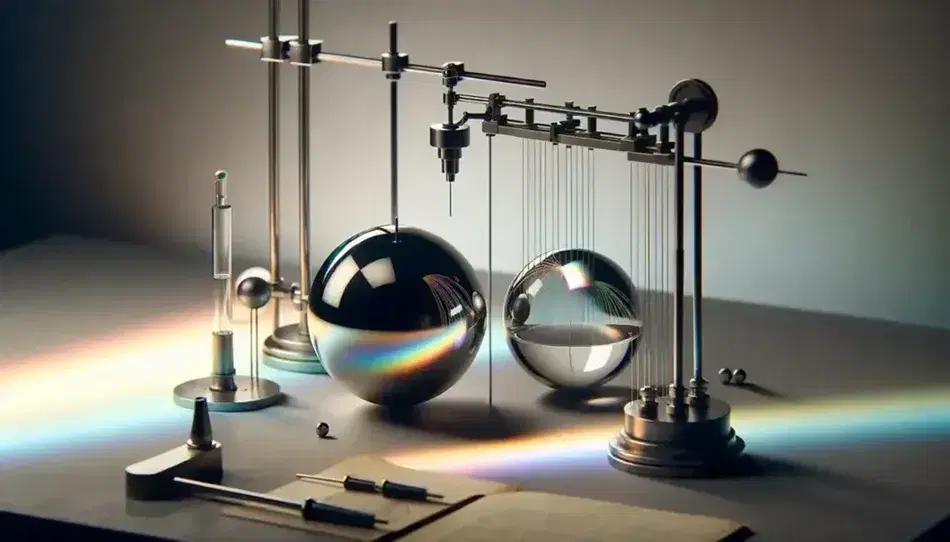 Laboratorio de física con esferas metálicas, prisma de vidrio descomponiendo luz y péndulo en movimiento, reflejando estudio de la materia y la luz.