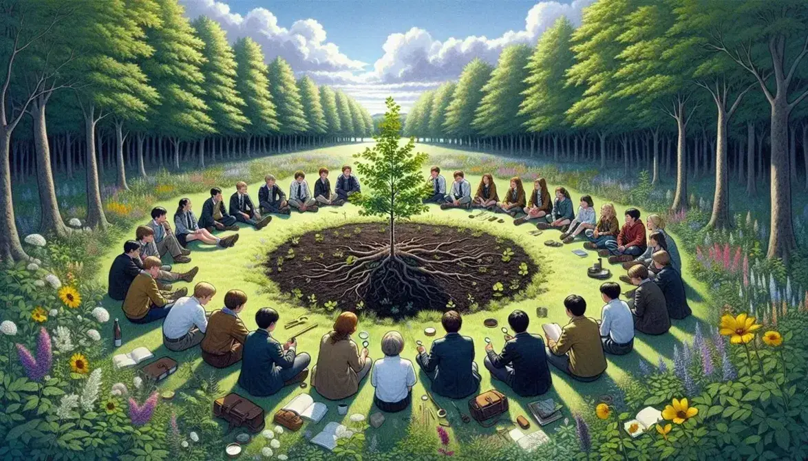 Studenti osservano albero giovane durante lezione di scienze all'aperto, con strumenti didattici, su prato verde sotto cielo azzurro.