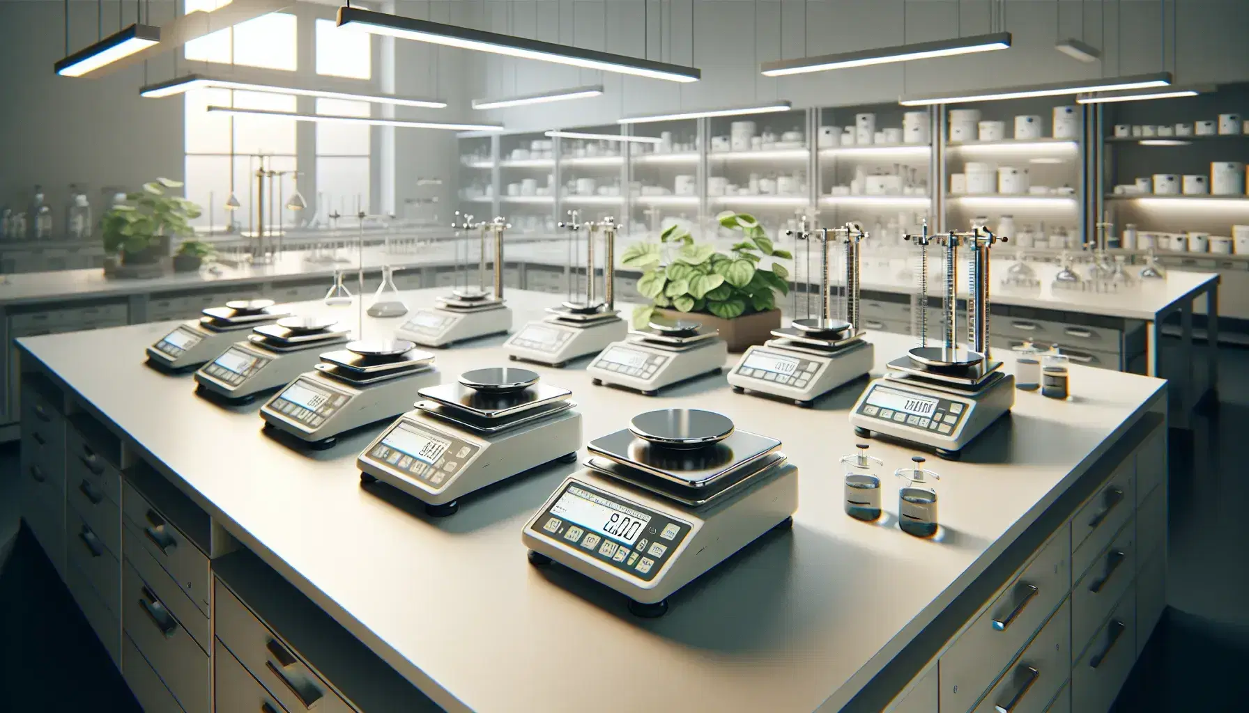 Bilance analitiche di precisione allineate su tavolo da laboratorio con sfondo di mensole e oggetti di vetreria scientifica, accanto a pianta verde.