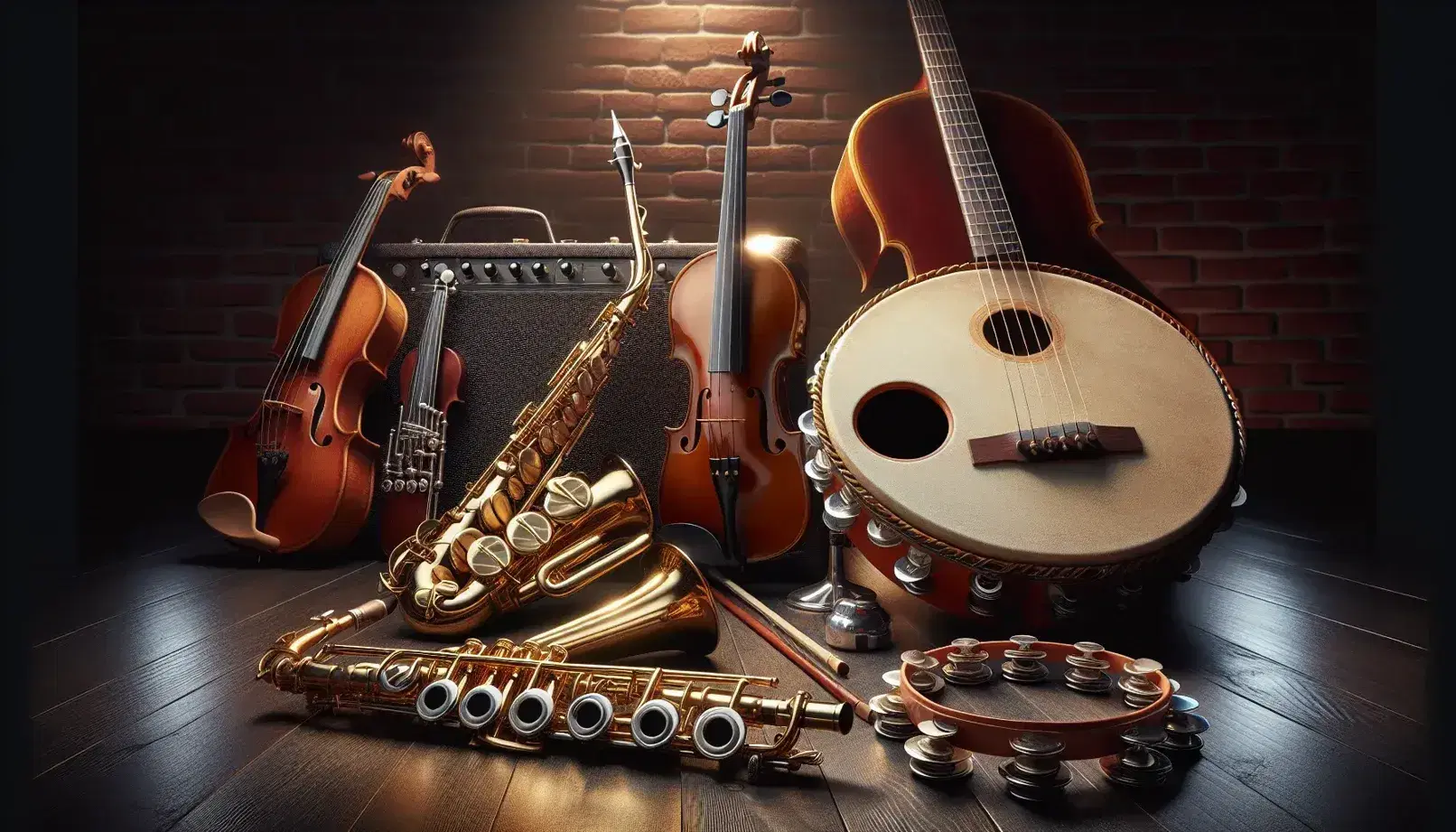 Strumenti musicali assortiti su pavimento in legno scuro, con sax alto, flauto traverso, tromba, violino e tamburello vicino a chitarra classica appoggiata a muro in mattoni.