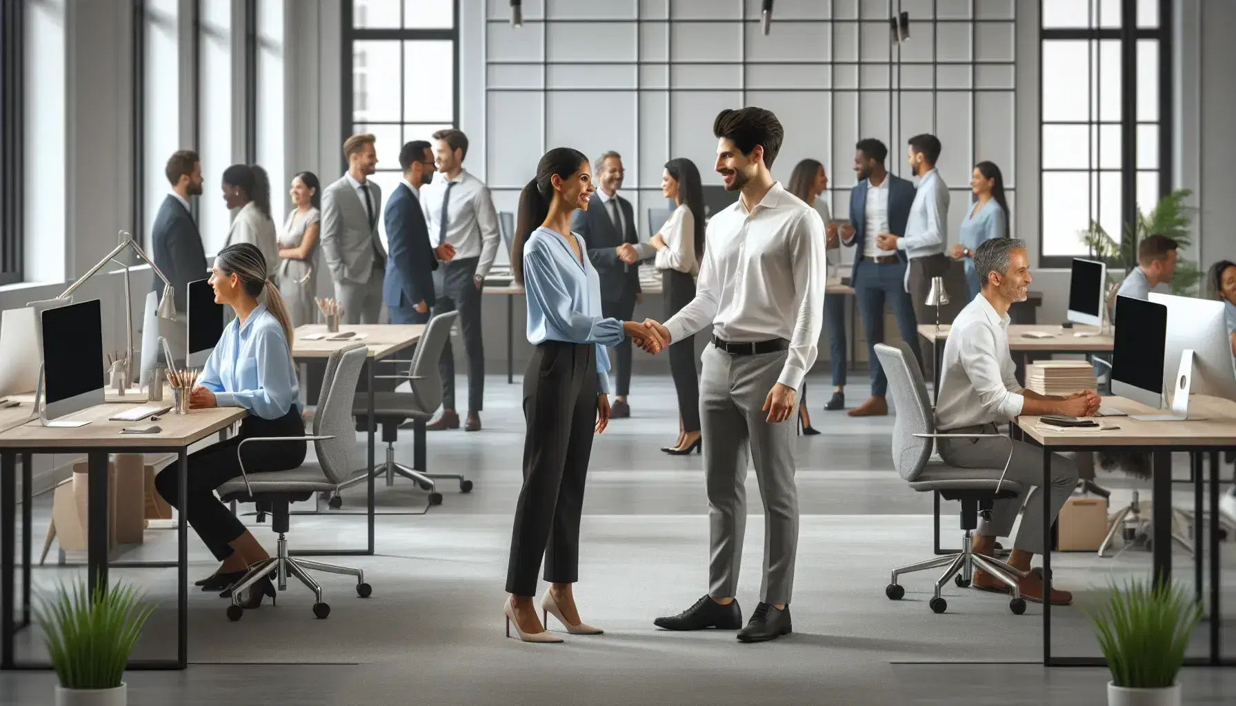 Grupo diverso de profesionales en oficina moderna y luminosa, con una mujer hispana y un hombre del sur de Asia estrechando manos y sonriendo, rodeados de colegas y escritorios con computadoras.