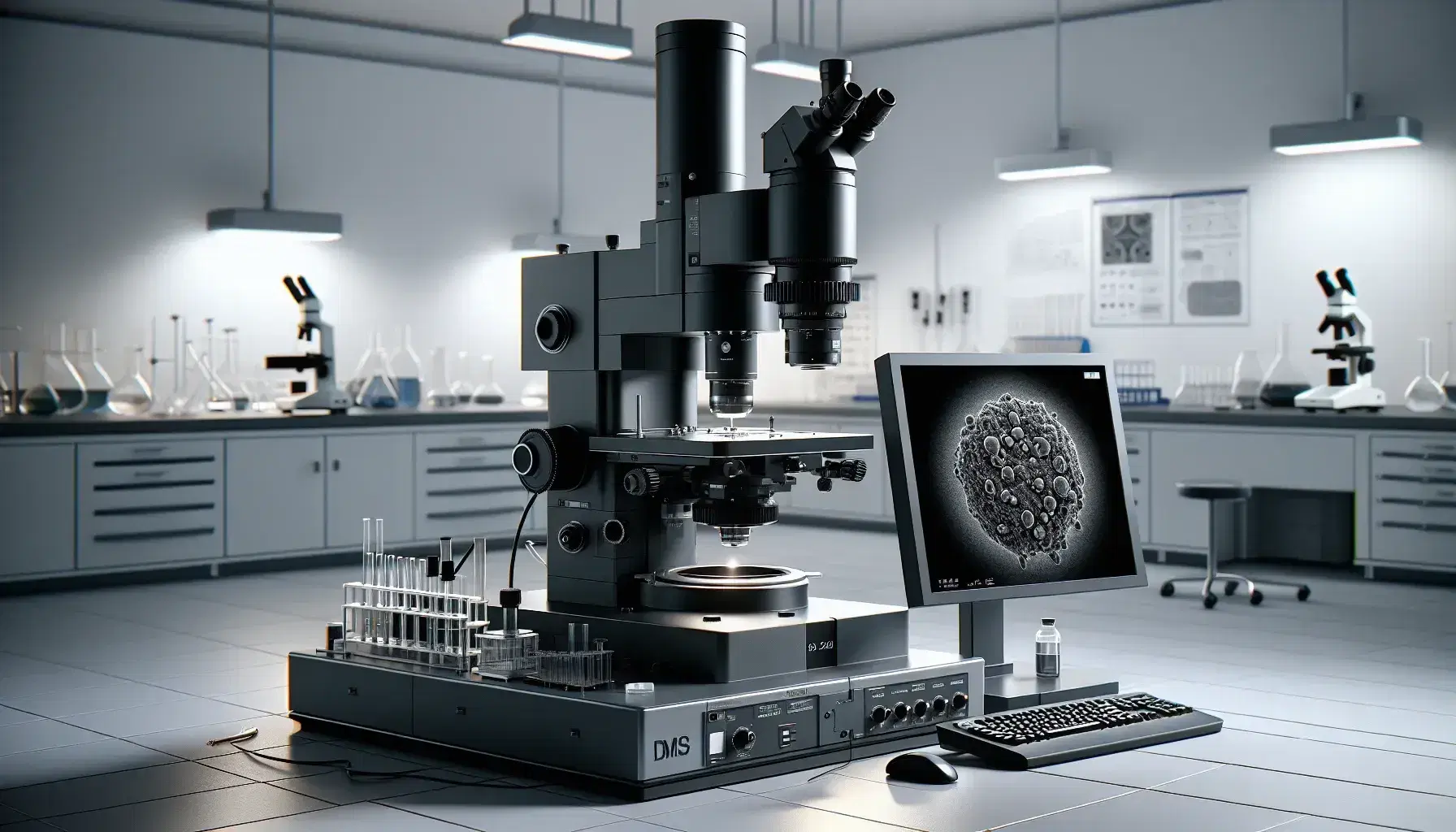 Microscopio elettronico a trasmissione in laboratorio con computer, pipette e provette su tavolo, ambiente di ricerca scientifica.
