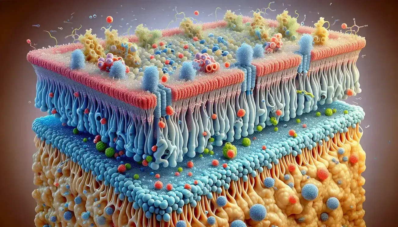Vista microscópica de la membrana celular con bicapa lipídica, proteínas incrustadas, moléculas de agua y procesos de endocitosis y exocitosis.