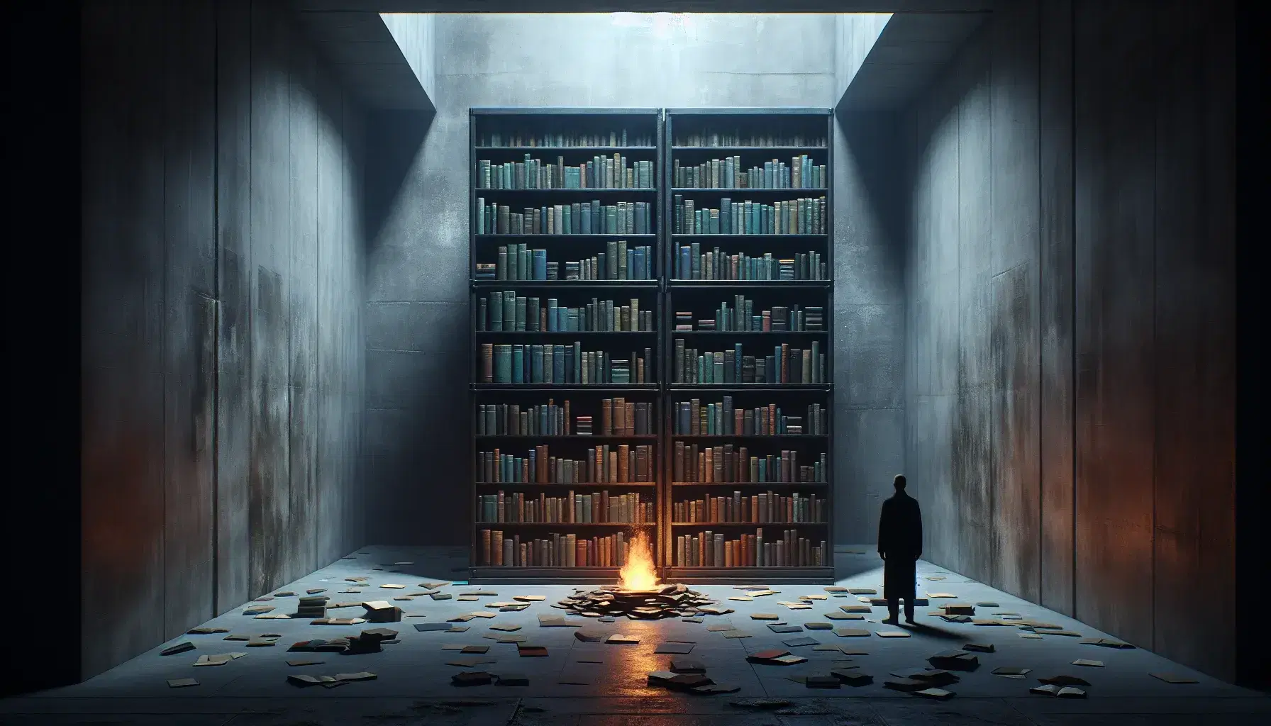 Dimly lit room with concrete walls, a black metal bookshelf with unmarked books, a figure standing beside a fire burning papers.