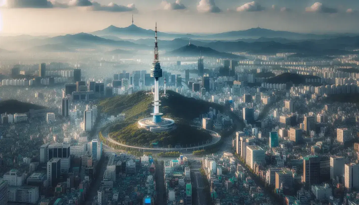 Vista panoramica di Seoul con la N Seoul Tower al centro, circondata da grattacieli e aree verdi, sotto un cielo azzurro con il fiume Han in lontananza.