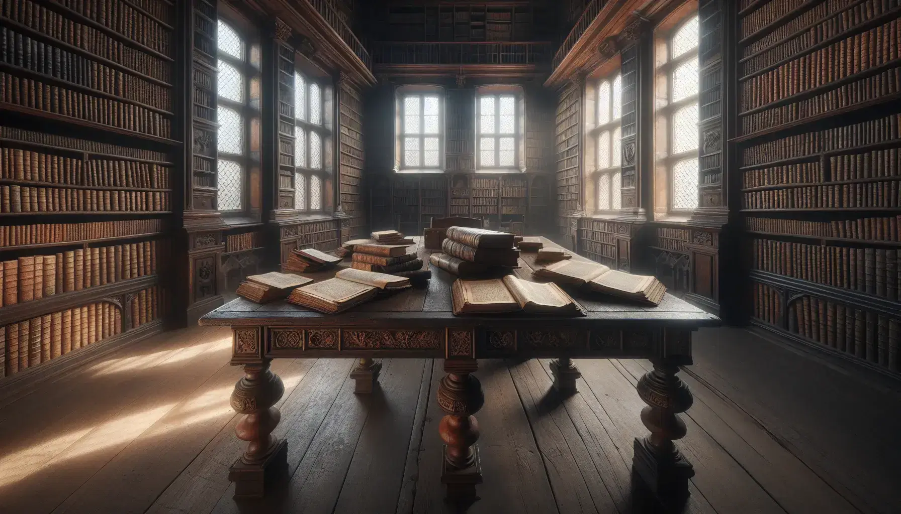 Biblioteca antigua con mesa de madera oscura y libros desgastados bajo luz natural, estantes llenos y silla con cojín rojo.