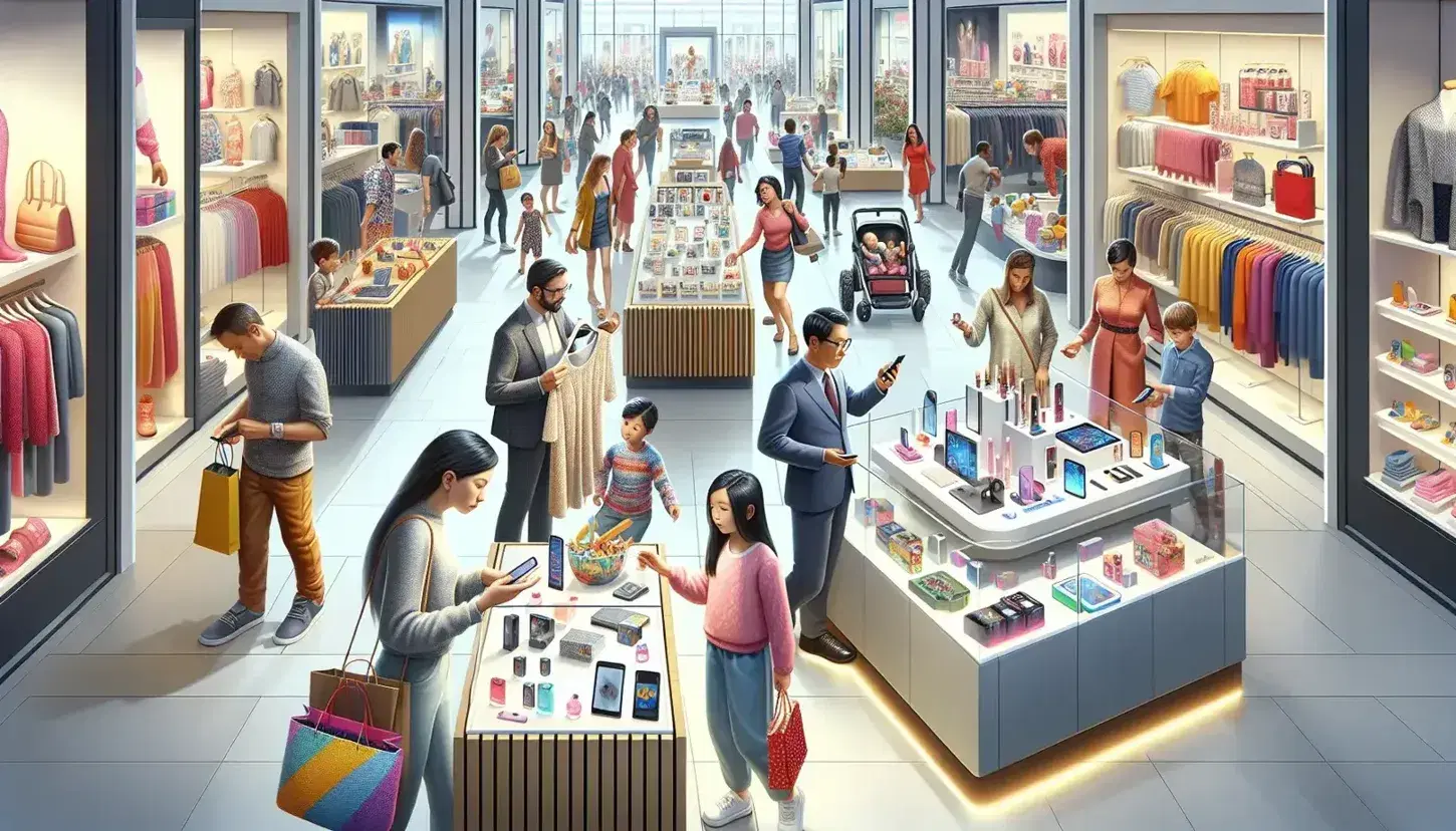 Diverse shoppers engage with products in a lively mall, examining clothes, electronics, perfumes, and toys under warm ambient lighting.